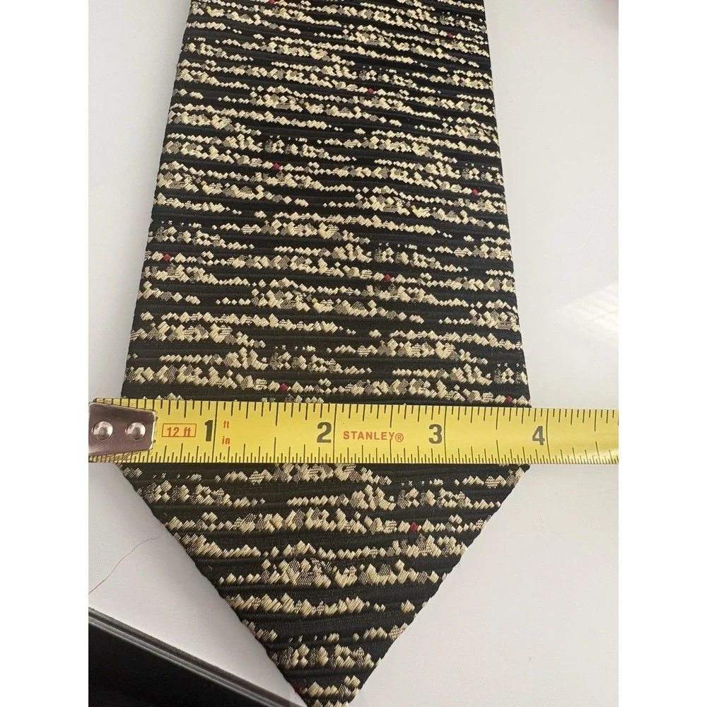 Polo Ralph‎ Lauren Mens 100% Silk Tie Wide Black Textured Gold Geometric Vintage